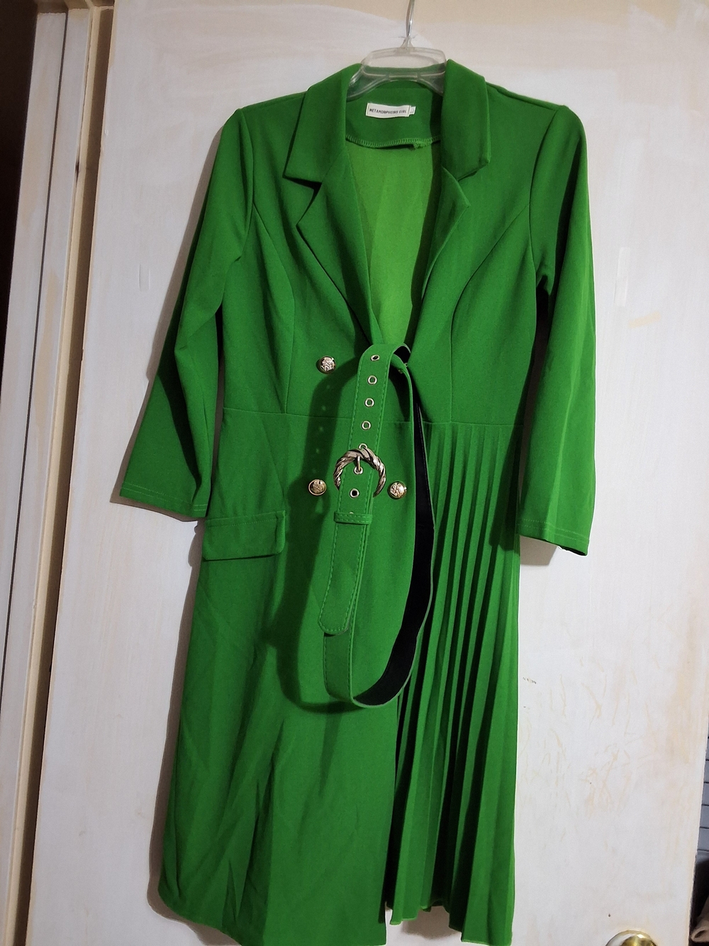 Green Belted Pleated Midi Dress with Lapel Collar